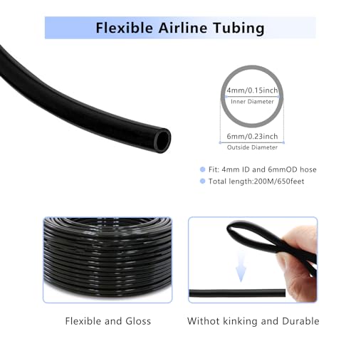 650 Feet Aquarium Air Pump Accessories Airline Tubing, Standard 3/16” Tubing for Fish Tank (Black)