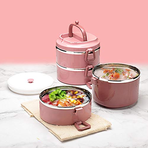 4 Tier Stackable Stainless Steel Lunch Box Sealed(pink, 4 layers) with spoon and fork - color: Pink, size: 4 layers