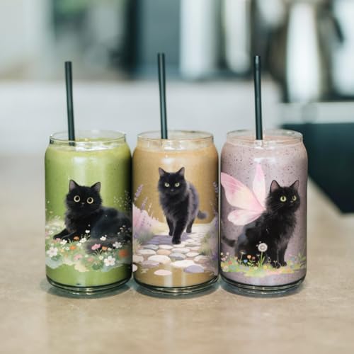 arricraft 10 Pcs Cat Theme Cup Printing UV Transfer Papers, 10 Styles Watercolor Fantasy Black Cat PVC DIY Heat Transfer Stickers for 16 OZ Glass Cups Crafts 9.5x4.3inch - style: Cat Theme
