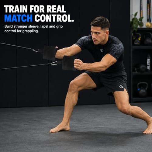 Jiu Jitsu Grip Strength Trainer - 100% Simulate Gi Fabric Grappling System (2 Sleeves & 2 Lapels), 3 TPE Resistance Bands (7 Levels) for Judo BJJ with Carry Bag