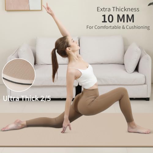 PAIDU POE Yoga Mat (10mm)Extra Thick Fitness Mat 72"x24" with Carry Strap | Non-slip, tear-resistant and suitable for all ages, perfect for yoga, Pilates, home gym and full-body workouts. - color: Beige+Black.