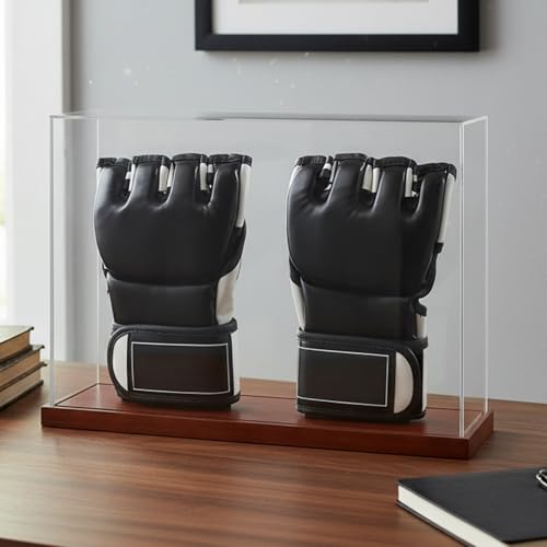MMA Glove Display Case, No-Assembly Clear Acrylic Showcase with Wood Base - style: MMA 2 Glove Holder