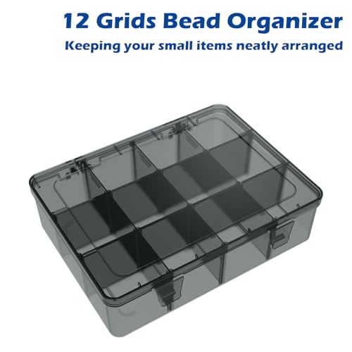 Clear Organizer Box,12 Grids Organizer Box with Removable Dividers for Jewelry,Bead Storage Organizer Box,Plastic Compartment Container for Tool Tackle Box, Gray