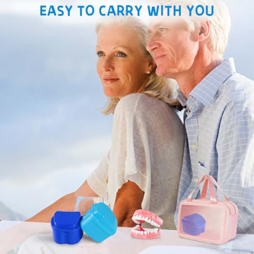 KISEER 2 Pack Colors Denture Bath Case Cup Box Holder Storage Soak Container with Strainer Basket for Travel Cleaning (Light Blue and Blue) - color: Light Blue and Blue