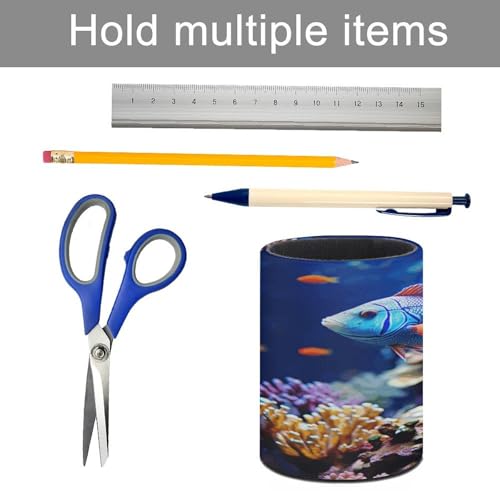 Coral Reef Fish Aquarium Pen Holder PU Leather Pencil Holder Round Makeup Brushes Cup Holder for Desk Office Pen Organizer Large Capacity Pencil Holder for Home Study Room