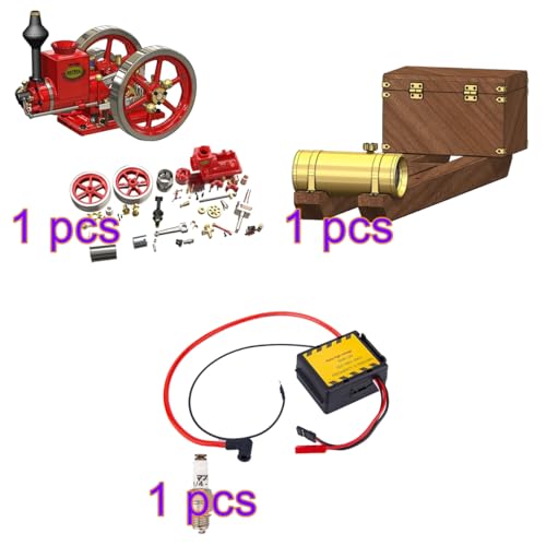 Retrol HM-01 DIY Hit and Miss Engine Model Complete Kit, 4-Stroke Horizontal Internal Combustion Engine Build Set with Base, Fuel Tank, CDI Igniter and Spark Plug, Red - color: Kit Set/Red