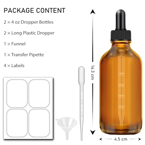 Amber Dropper Bottles, 4oz Glass Bottle with Dropper for Essential Oils with Funnel, Labels & Pipette, 2-Pack Tincture Bottles with Dropper(Unbreakable Plastic Eye Dropper) - color: Amber and Clear