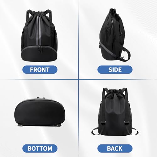 JELUTAR Drawstring Backpack Gym Bag with Shoes Compartment, Black - color: Black, size: Medium