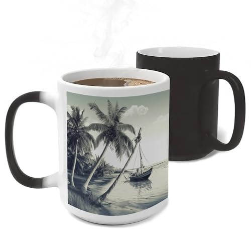 Palm Trees Fishing Boat Ceramic Color Changing Mug Heat Transforming Activated Mug 11 Oz Heat Changing Sensitive Tea Cup Magic Novelty Coffee Cup Drinkware Home Kitchen Gift
