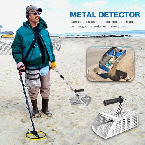 Sand Flea Rake - 51" Long Handle Sand Scoop - Detection Tool with Anti Slip Handle Heavy Duty Stainless Steel Metal Detecting Sand Scoop with Long Handle Ideal for Underwater Treasure Hunting