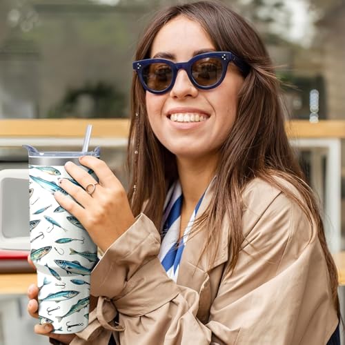 40oz Fishing Tumbler with Handle and Straw, Stainless Steel Insulated Cup with Lid and Straw, Travel Coffee Mug Water Bottle, Birthday Mothers Day Gifts for Women Men Fish Lovers