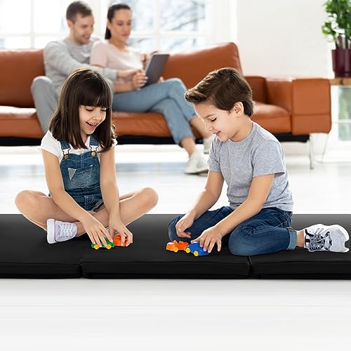 Goplus Folding Gymnastics Mat, 6’ x 2’ x 2’’ Thick Tri-Fold Exercise Tumbling Mat w/Carrying Handles, Hook & Loop Fastener, Gym mats for Home Fitness Yoga Aerobics Workouts Martial Arts - color: Black