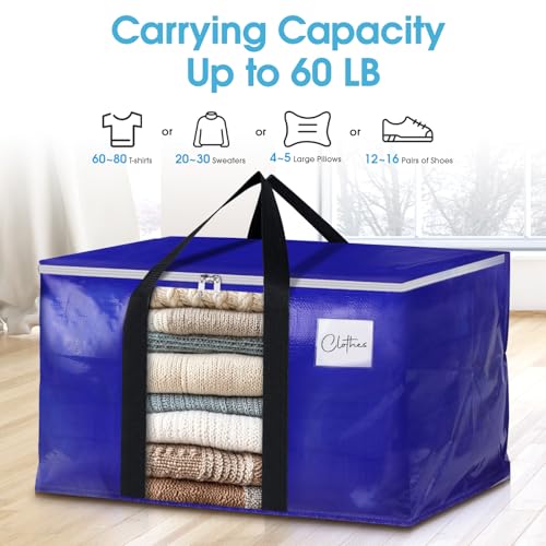 BlissTotes 4 Pack Moving Bags with Clear Window, Storage Bags with Strong Carrying Handles & Zippers,Large Packing Bags for Saving Space, Alternative to Moving Boxes(Blue,20 Gallon)
