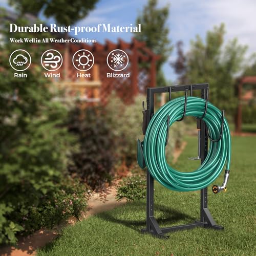 Garden Hose Holder, Metal Freestanding Hose Stand with 4 Spikes, Holds up to 150FT Hose, Sturdy Hose Reel Alternative, Heavy Duty Hose Storage for Outside Yard Lawn - color: Black-double