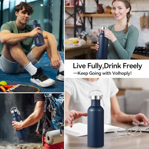 Volhoply 32oz Uninsulated Single Walled Water Bottle, Stainless Steel Sports Water Bottles with Handle, BPA Free Lightweight Water Bottles for Hiking, Biking, Running(Navy,1) - color: Navy