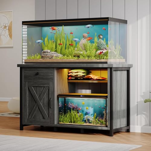 4ever2buy 55-75 Gallon Fish Tank Stand with Power Outlets, LED Light, Heavy Duty Aquarium Stand with Cabinet for Fish Tank Accessories Storage, for Turtle Tank, Reptile Terrarium, 1100LBS, Gray