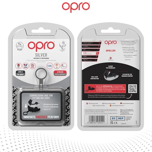 OPRO Silver Level Moldable Mouth Guard, Essential Fit, White/Black - color: White/Black, size: Adult (Age 10+)