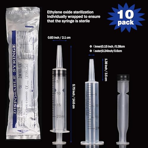 20ml Syringe with Cap, 10 Pack Large Plastic Syringes without Needle for Liquid, Scientific Labs, Measurement, Pet Feeding, Ink Refilling, Irrigation Water