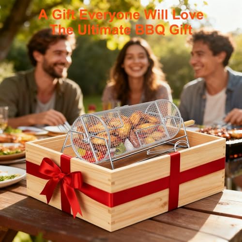 Rotatable Rolling Grill Baskets, 304 Stainless Steel, Even Cooking Nesting Grilling Net, BBQ Accessories Tools for Vegetables Shrimp, Outdoor Camping, Gifts for Birthday/Men/Dad/Husband