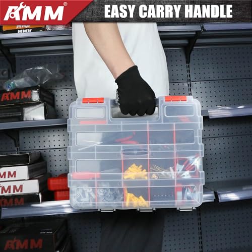 AMM Tool Box, Double Side Tool Box Organizer with 34 Compartments, Removable Dividers, Tackle Box Small Parts Screw Hardware Organizer for Screws, Nuts, Nails and Bolts (1 Piece, Red) - size: 1PC