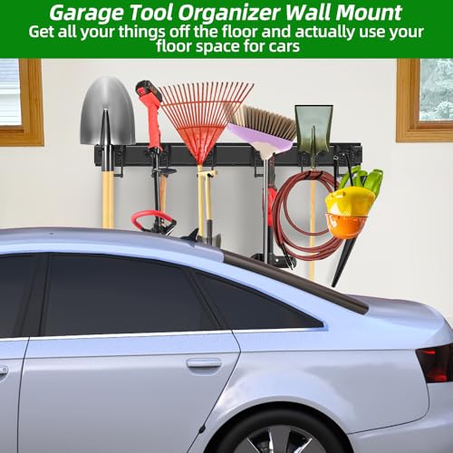 PIYILO 48 in Garage Tool Organizer Wall Mount, Adjustable Tool Storage Rack | Heavy-duty 360 LBS, Double-Layer Hooks, Wear & Tear Resistant, Soft Anti-Scratch Hook Sleeves, For Yard Tools, Shovels, Shed - size: 48 inch Double-Layer 6-Hook