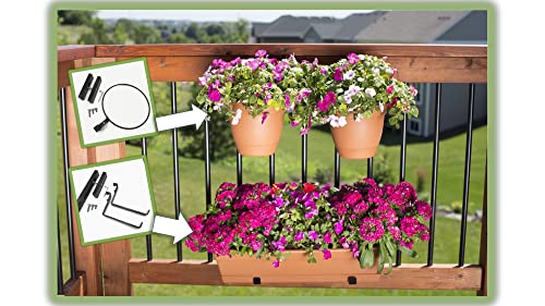 Deck Railing Plant Container Holder/Bracket Kit for Round Pot Planters (10") Connects Harmlessly to Vertical Spindled Railings - Adjustable Height - Heavy Duty Plant Hanger - size: 10"