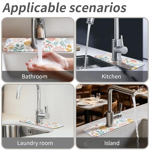 Kitchen Sink Splash Guard,Pastel flowers and leaves-1 Faucet Mat Sink Gadgets-Super Absorbent Fast Drying Mat Drip Catcher for Kitchen, Bathroom,Sink Mat, Dish Drying Mat, Bathroom(15" X 5.5" ) - color: Pastel flowers and leaves-1