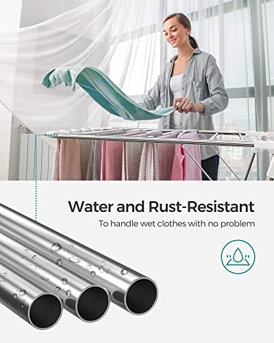 SONGMICS Clothes Drying Rack, Foldable Space-Saving Steel Laundry Rack - color: Silver + White, size: 1 Tier (21.7"d x 58.3"w x 39.4"h)