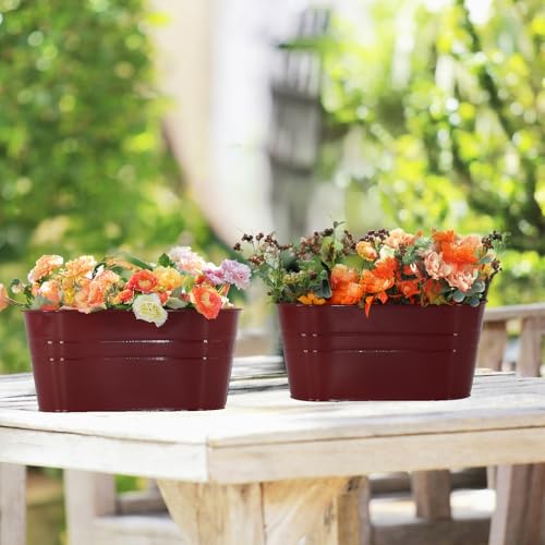 3 Pack Metal Railing Planters, 10.5" Oval Hanging Flower Pots with Detachable Hooks & Drainage Holes, Fits Rails up to 2.36", Galvanized Iron Fence Bucket for Balcony Garden Patio - Red - color: Red, size: 3 Pack, 10.5"L x 5.7"W x 4.7"H