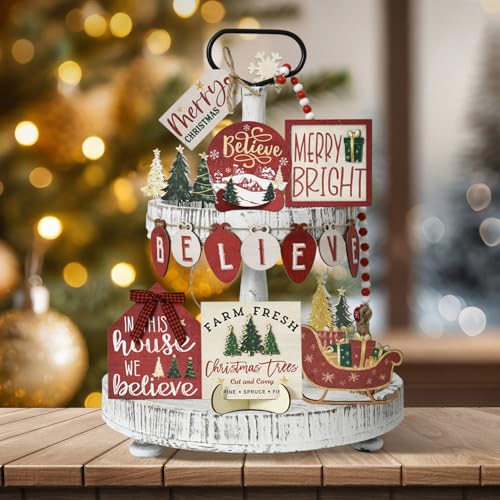 Smile 15 Pcs Christmas Indoor Decor, Wooden Tiered Tray Decor Set Centerpiece, Christmas Tree Tabletop Decoration for Xmas Home - style: Christmas Retro
