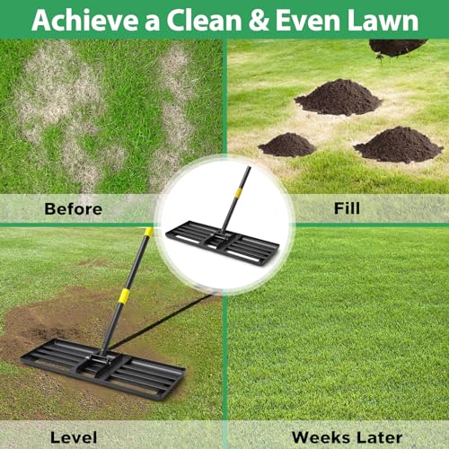 Lawn Leveling Rake, 5 FT Yard Leveler with 30 x 10 Wide Large Rakes Head for Smooth Garss Soil Sand Dirt, High Effect Ground Leveling Tool with Round Edge for Landscape Golf Course, No Flip - style: 5 FT