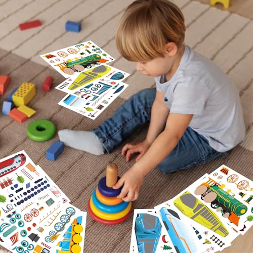 DUJAA 24 Sheets Train Stickers for Kids, Make Your Own Steam, Freight, Bullet Trolley Trains Stickers for Toddlers, Train Party Favors, DIY Craft Great Birthday Classroom Teacher Reward - style: Train