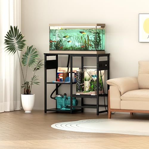 5-10 Gallon Fish Tank Stand with Power Outlets, 4 Tier Metal Aquarium Stand with Wood Storage Shelves, 20.3" L x 10.6" W x 30.3" H Turtle Reptile Fish Tank Table Aquarium Table - Black