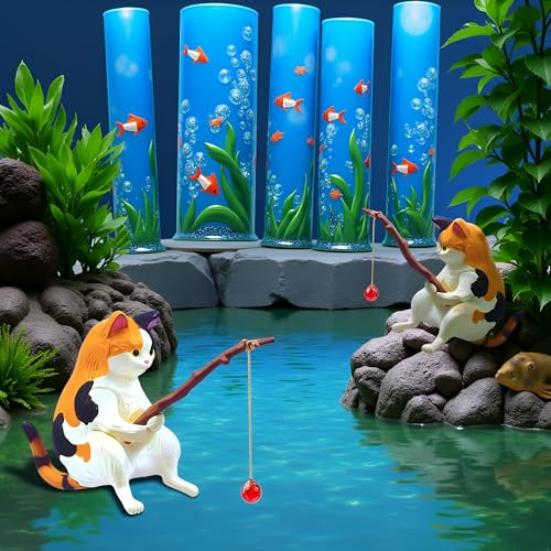 GANPUB 2Pcs Cat Fishing Figurine, Cute Cat Statue Decor, Resin Mini Fish Tank Decorations Craft Sculpture for Aquarium Tanks Desk Yard Pond Indoor Outdoor