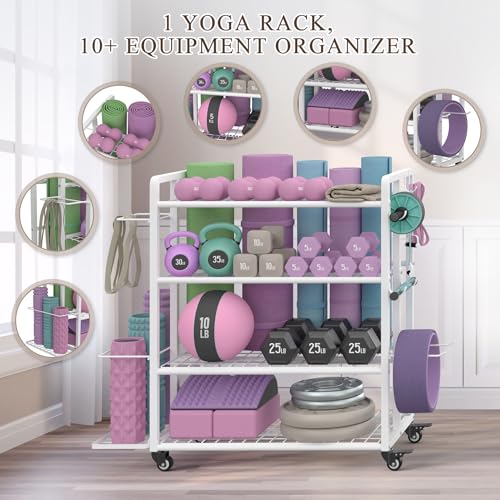 4-Tier Weight Rack for Home Gym with Wheels and Hooks - size: Large White