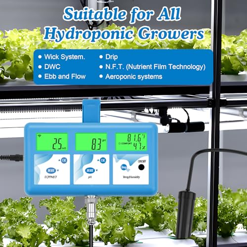 Hydroponic ppm pH Monitor, WiFi 6 in 1 pH EC Meter for Hydroponics Growing System,Continuous Monitoring pH PPM EC CF Humidity Temp of DWC Grow System Water Reservoir Tank Aeroponic Garden Aquarium - color: Blue Hydroponic Meter