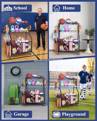 Sports Equipment Organizer with Wheels for Garage Ball Storage | Heavy-duty metal sports organizer with rolling wheels for ball and equipment storage in garages, homes, schools and gyms.