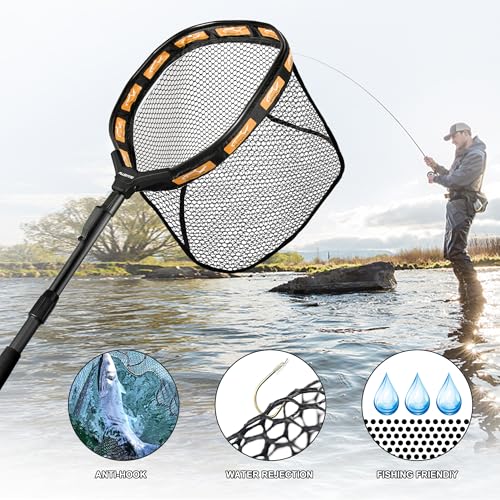 PLUSINNO Fishing Net Fish Floating Landing Net, Kayak Nets with Fixed Foldable Telescopic Pole Handle, Bass Trout Fishing Nets with Nylon Mesh for Pond Lake River, Fishing Gear Gifts for Men Anglers