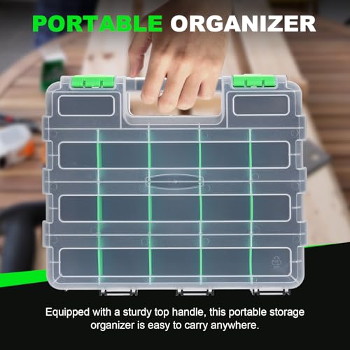 Tool Box with Transparent Lid, 2 Pack Hardware Organizer Box, Double Side 34 Compartments Hardware Organizers with Removable Plastic Dividers for Screws Nuts Nails Bolts, Small Parts Box