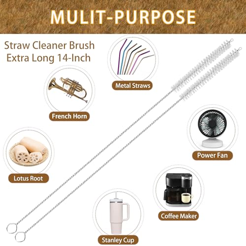 Straw Cleaner Brush Extra Long 14 Inch, 8-PCS Straw Brush Extra Long with 304 Stainless Steel Handle, Extra Long Pipe Tube Cleaner for Water Bottle, Coffee Kettle and Pipes.