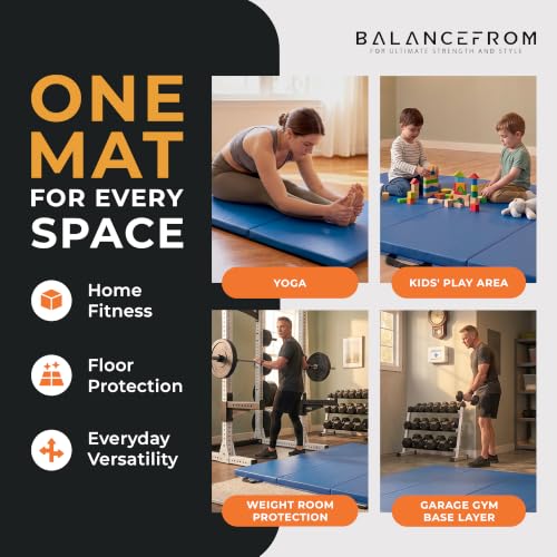 BalanceFrom 10x4 Feet 4-Panel Folding Gymnastics Mat – 2-Inch Thick Pad with Vinyl Surface and Carrying Handles for Tumbling, Yoga, Pilates, Home Workouts, and Martial Arts - color: Blue