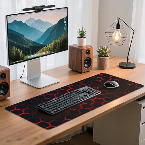 Gaming Mouse Pad - (31.5"×11.8") Honeycomb Large Mouse Pads for Desk - Desk Mat for Keyboard and Mouse with Non-Slip Base, Desks Pad Matfor Game/Office & Home(Black and Red) - color: Black and Red
