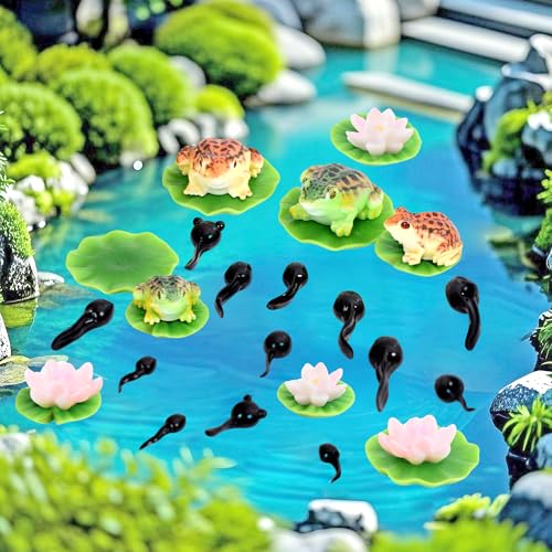 30 Pcs Mini Resin Pond Accessories Miniature Floating Lotus Water Lily Pads Tiny Frog Tadpole Figurines for Aquarium Fairy Garden Bonsai Pond Pool Home Outdoor Water Decor DIY Crafts