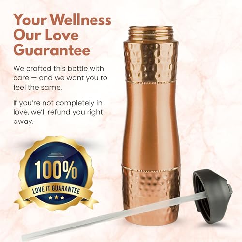 Pure Copper Water Bottle For Drinking Water with Straw and Sports Lid 33.5oz / 950ml Ayurveda Copper Bottle for Ayurvedic Health Benefits, Leak-Proof Split Hammered Design Vessel, Drink Water Daily - color: Black Lid