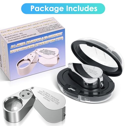 40X Jewelers Loupe Magnifier Magnifying Glasses, LED/UV Illuminated Jewelry Loop Pocket Folding Magnifying Glass with Metal Construction for Close Work, Gardening, Kids, Stamp, Rock Collecting - size: 1 Pack