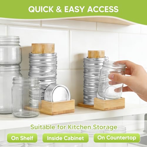 2PCS Mason Jar Lid Organizer & Holder (Wide Mouth & Regular Mouth) Bamboo Ball Jar Wooden Storage Accessories for Home Kitchen Organization Fit Mason/Canning/Bamboo Lids, Holds 20 Lids & 20 Rings