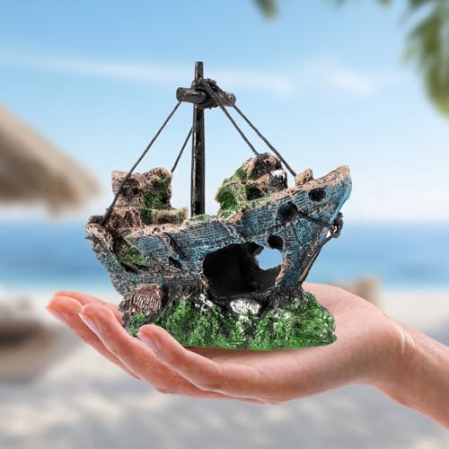 8Pcs Fish Tank Decorations Set Sunken Ship Decoration,Resin Material Fish Tank Accessories Accessories for Natural Look, Aquarium Shipwreck x 1pc, Aquatic Plants x 7pcs