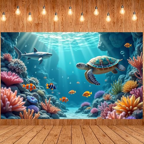 Under The Sea Backdrop Ocean Theme Party Decorations Marine Life Sea Turtle Shark Photography Background for Kids Boy Girl Birthday Baby Shower Photo Booth Props Blue Underwater Wall Banner Set