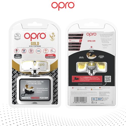 OPRO Gold Level Moldable Mouth Guard, Premium Fit (White/Gold) Adult & Kids - color: White/Gold, size: Adult (Age 10+)