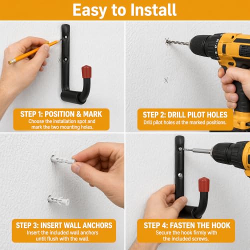 6 Pack Garage Hooks Heavy Duty, Utility Steel Hooks with EVA Foam Padding, 9.48inch Wall Mount J Organizer Hanger for Hanging Bikes Kayak Garden Tool Hose Bike Shelf - size: 9.48inch
